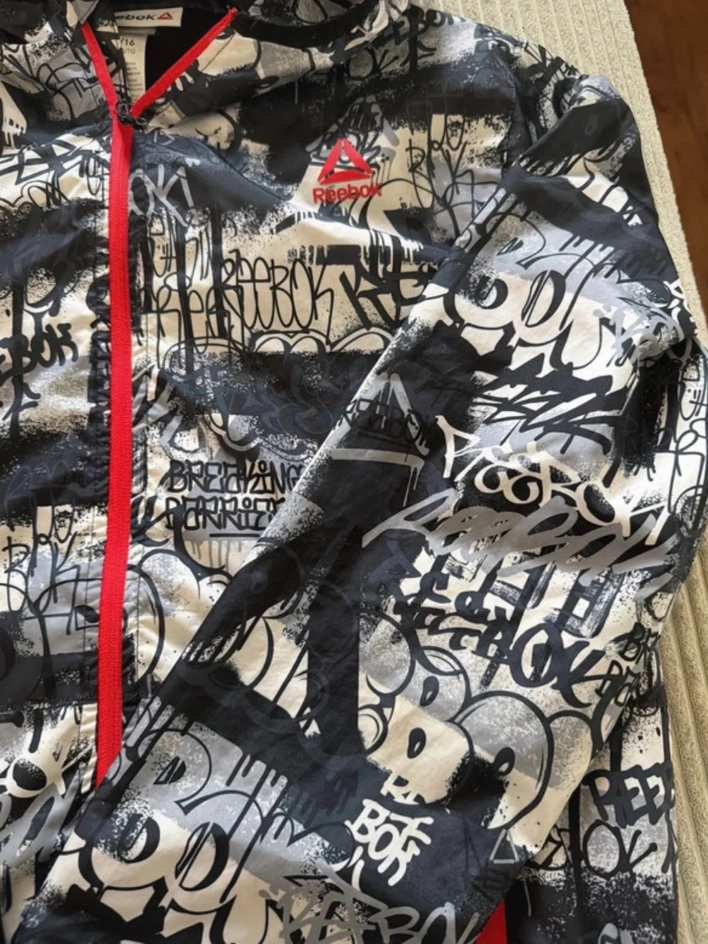 Reebok Black & White Graffiti Hooded Windbreaker with Red Trim
